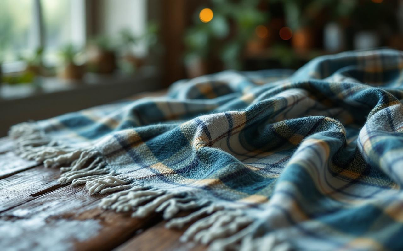 Gros plan d'une texture de tissu tartan en laine, fibres et motif enchev&ecirc;tr&eacute;s visibles, tissu l&eacute;g&egrave;rement pliss&eacute; pos&eacute; sur une table en bois, lumi&egrave;re naturelle douce, tons bleus et verts.