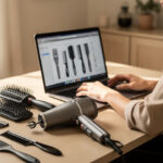 Cliente comparant des accessoires de coiffure professionnels sur un ordinateur, avec des brosses, des peignes et un sèche-cheveux disposés sur une table claire.