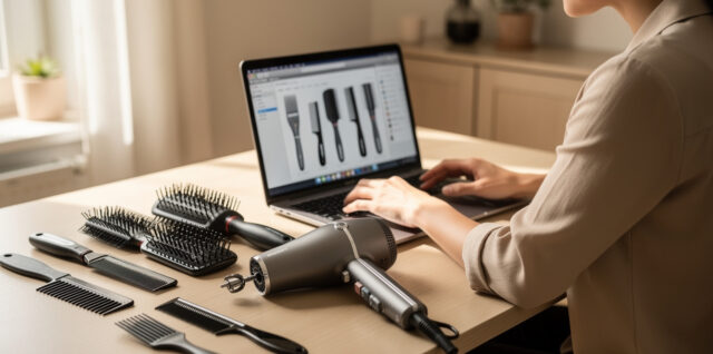 Cliente comparant des accessoires de coiffure professionnels sur un ordinateur, avec des brosses, des peignes et un sèche-cheveux disposés sur une table claire.