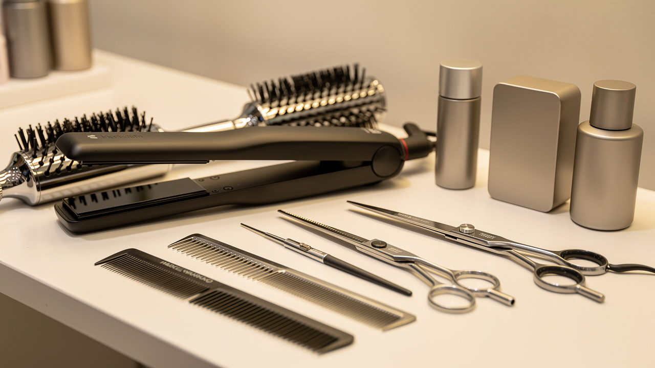 Gros plan réaliste d’un matériel de coiffure haut de gamme composé d’un lisseur, de brosses, de ciseaux, de peignes et de contenants de produits sans inscription visible, disposés sur un poste de salon.