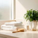 Salle de bain lumineuse avec serviettes blanches, brosse à cheveux, flacons de soins capillaires et plante verte.