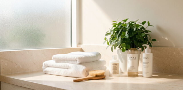 Salle de bain lumineuse avec serviettes blanches, brosse à cheveux, flacons de soins capillaires et plante verte.