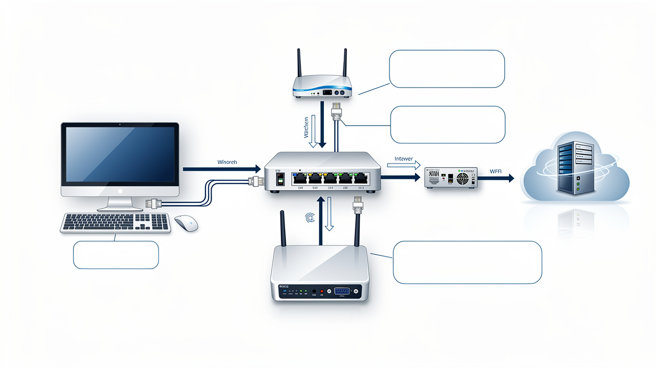 Schéma réaliste d’un réseau domestique reliant un ordinateur, un commutateur, un routeur Wi-Fi, une fibre optique et un serveur web, avec des zones d’annotation visuelles sans texte.