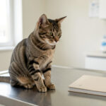 Chaton tigré calme installé sur une table d’examen dans une clinique vétérinaire lumineuse, avec un carnet de santé fermé à proximité.