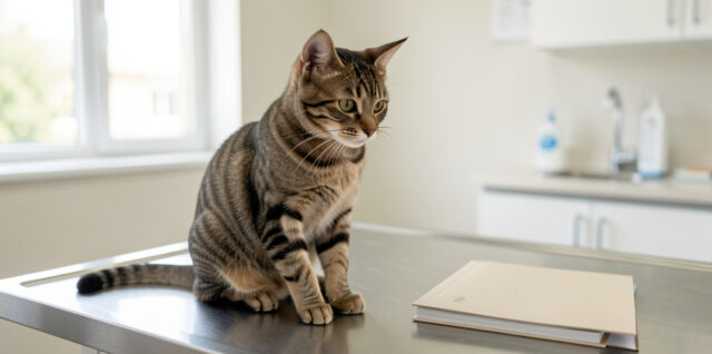 Chaton tigré calme installé sur une table d’examen dans une clinique vétérinaire lumineuse, avec un carnet de santé fermé à proximité.