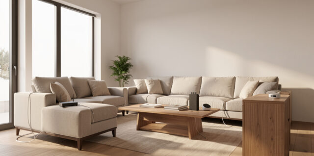 Salon moderne baigné de lumière naturelle, avec un routeur Wi-Fi, des câbles Ethernet discrets et plusieurs appareils connectés.