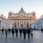 Vue réaliste de la place Saint-Pierre au Vatican au lever du jour, avec quelques visiteurs et la basilique Saint-Pierre en arrière-plan.
