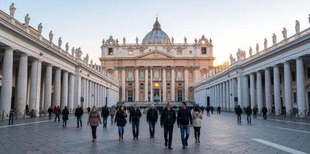 Vue réaliste de la place Saint-Pierre au Vatican au lever du jour, avec quelques visiteurs et la basilique Saint-Pierre en arrière-plan.